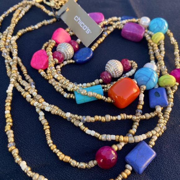 NWT CHICOS Gold Stone Beaded Layered Multi Strand Long Necklace - Picture 1 of 11